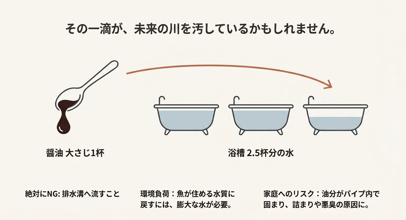 醤油大さじ1杯を浄化するために、浴槽2.5杯分の水が必要であることを示す比較図解イラスト