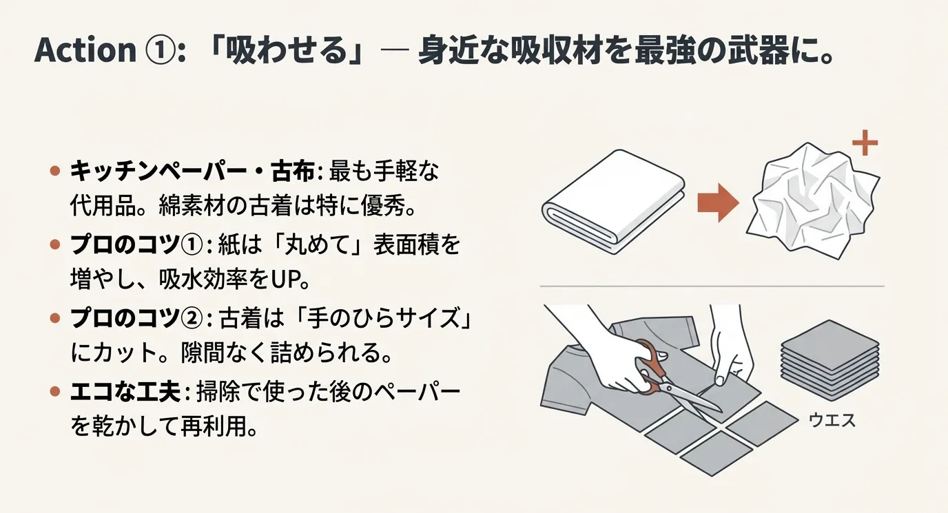 着なくなったTシャツをハサミでカットして、掃除用の「ウエス」を作る手順のイラスト