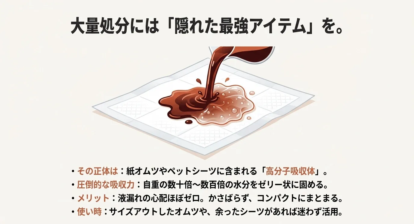 ペットシーツの上に液体調味料を注ぎ、高分子吸収体が水分をぐんぐん吸収しているイラスト