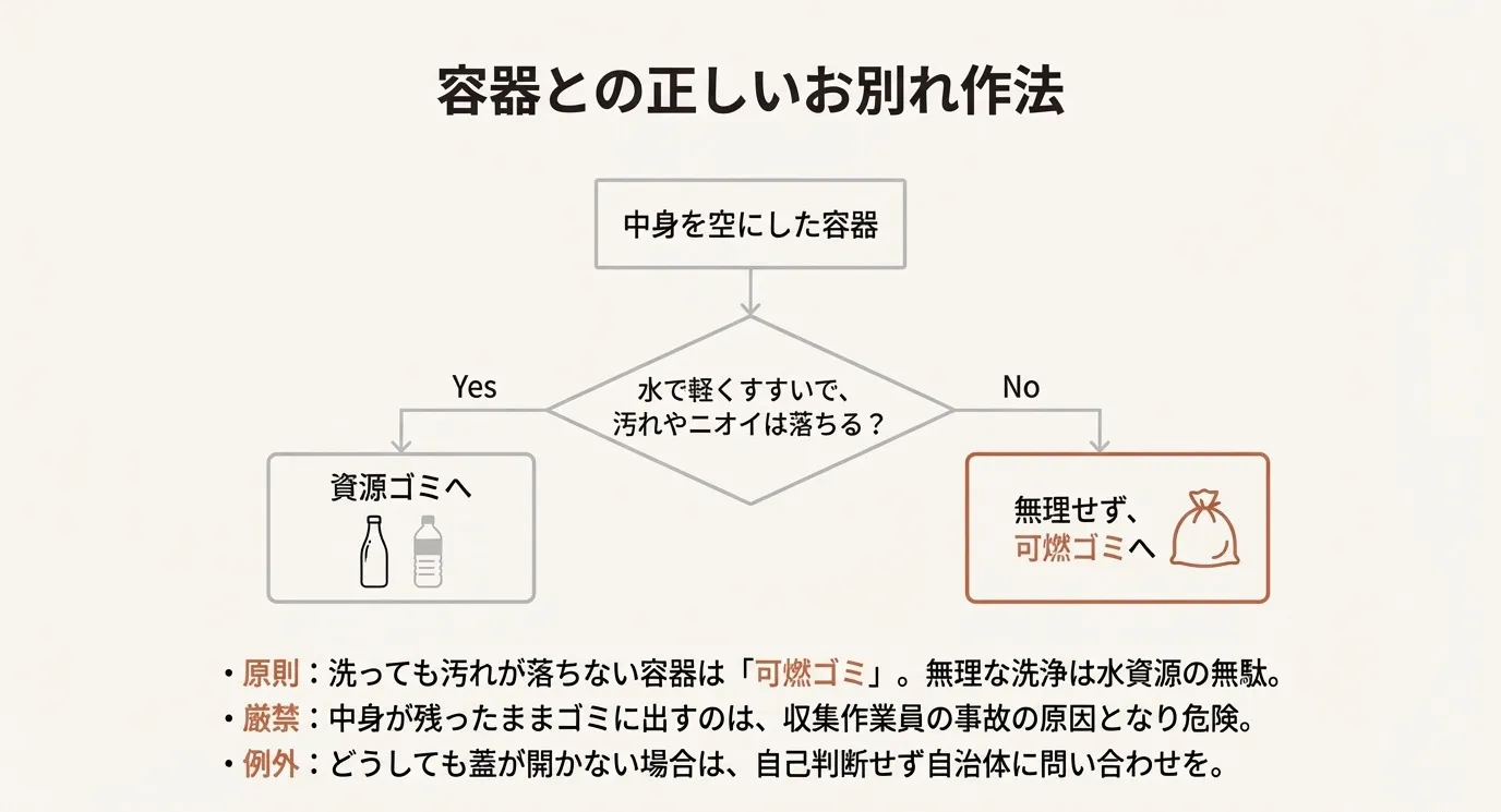 空にした容器を水ですすいだ際、汚れが落ちる場合は資源ゴミへ、落ちない場合は可燃ゴミへ分類するフローチャート