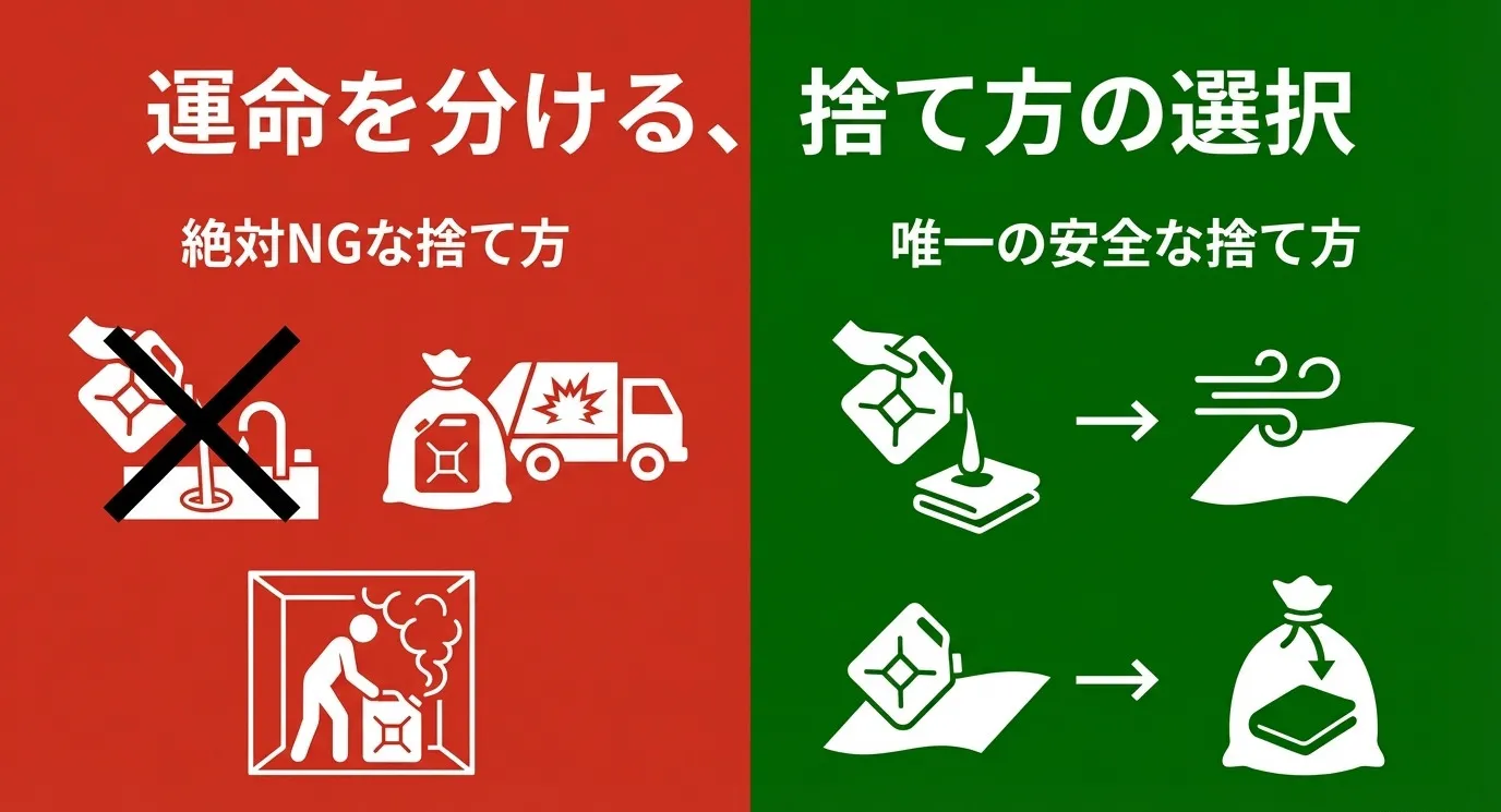 運命を分ける、捨て方の選択。そのまま流したり捨てたりするのは絶対NG。唯一の安全な捨て方は、布に吸わせて風に当てること