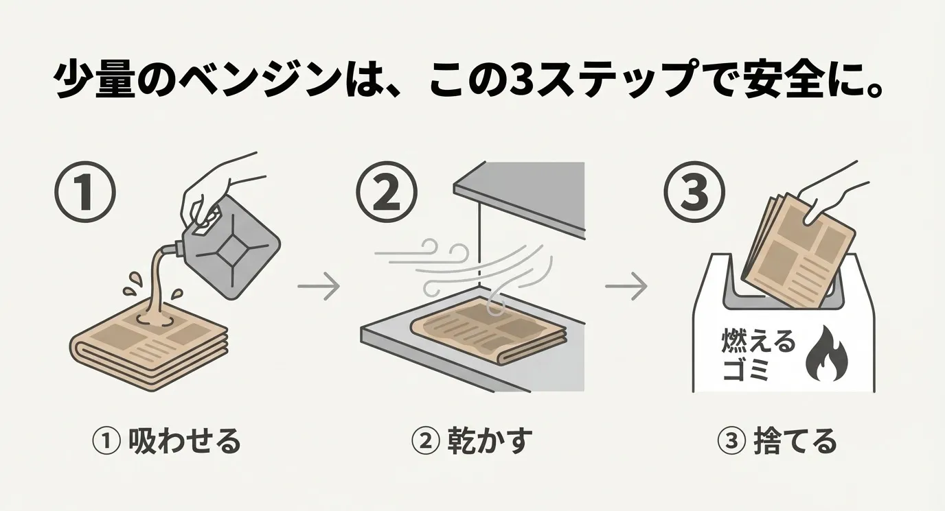 少量のベンジンは、この3ステップで安全に。1.吸わせる、2.乾かす、3.捨てる(燃えるゴミへ)