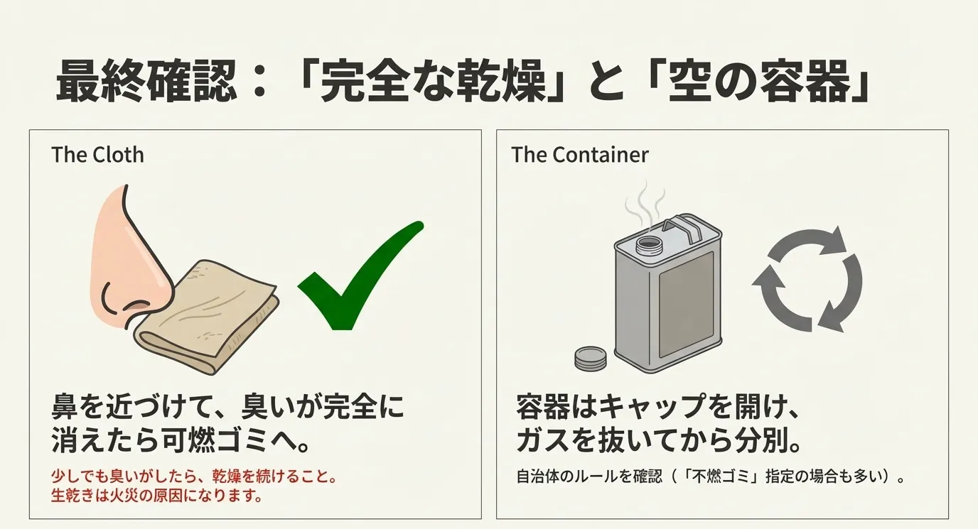 最終確認。布は鼻を近づけて臭いが完全に消えたら可燃ゴミへ。容器はキャップを開けてガスを抜いてから分別。生乾きは火災の原因になります