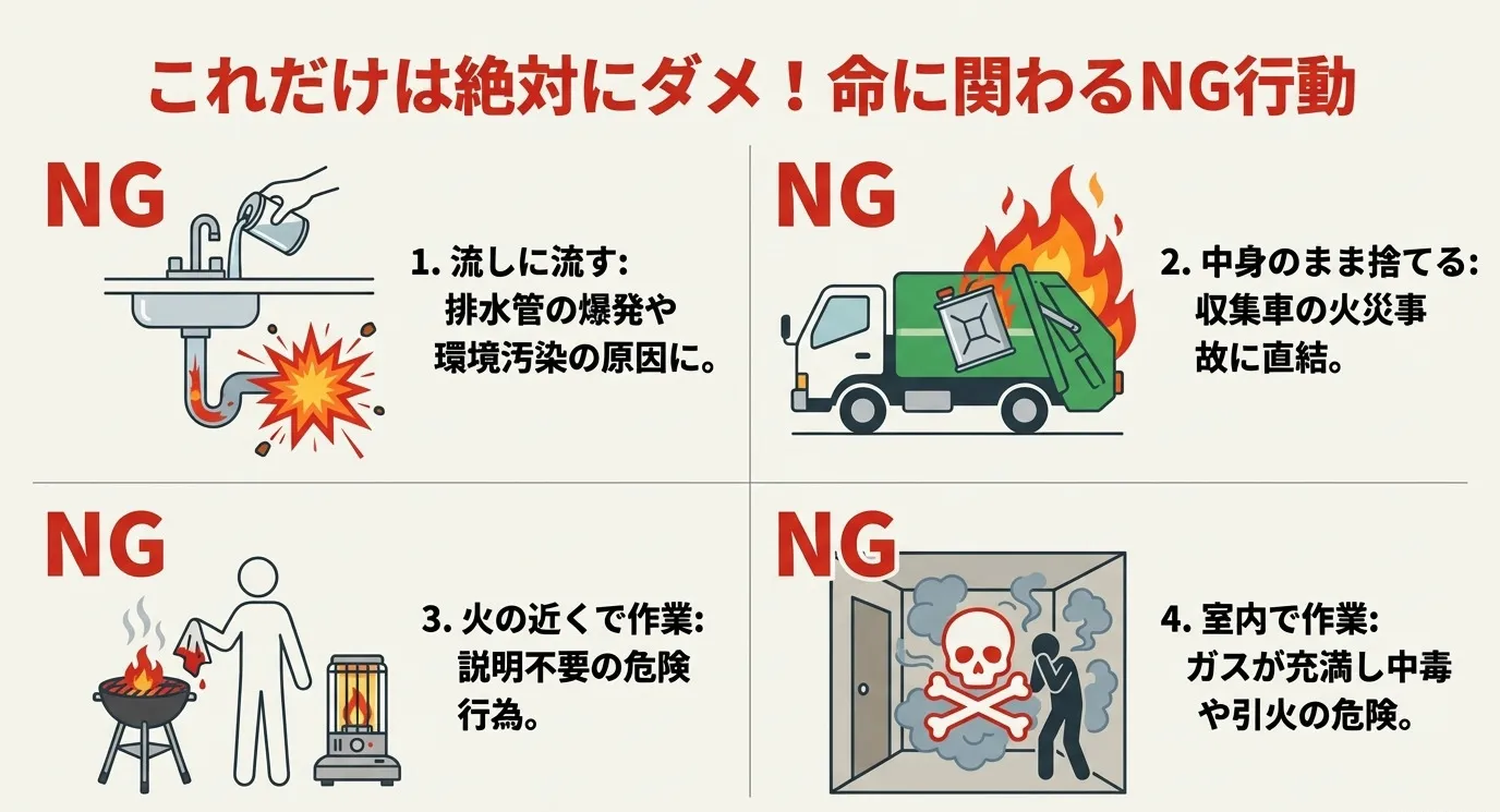 これだけは絶対にダメ!命に関わるNG行動。1.流しに流す、2.中身のまま捨てる、3.火の近くで作業、4.室内で作業。