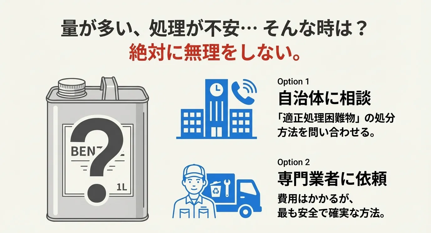 量が多い、処理が不安な時は絶対に無理をしない。選択肢1:自治体に相談し「適正処理困難物」として問い合わせる。選択肢2:専門業者に依頼する