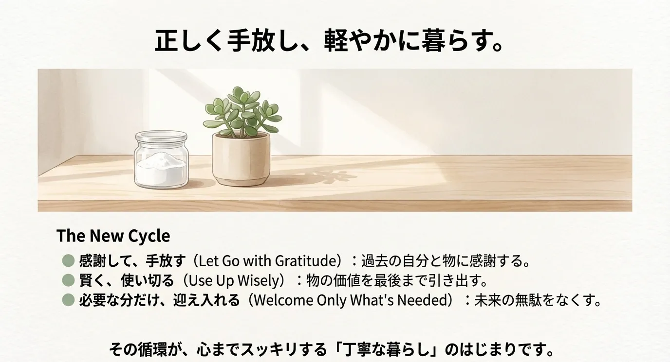 感謝して手放し、賢く使い切り、必要な分だけ迎え入れるという「新しいサイクル（The New Cycle）」を説明したまとめスライド