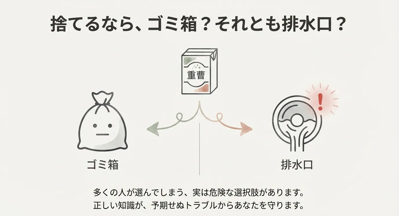 重曹を捨てる際、ゴミ箱に入れるべきか排水口に流すべきか、正しい知識が必要であることを示すスライド