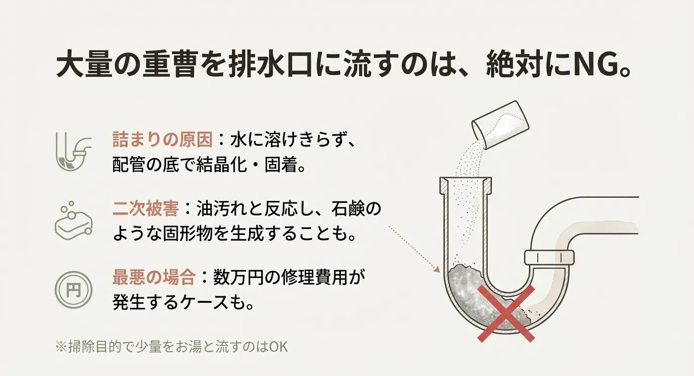 排水管のS字トラップに重曹が溜まって詰まりを引き起こしている様子に、大きなバツ印がついた警告イラスト