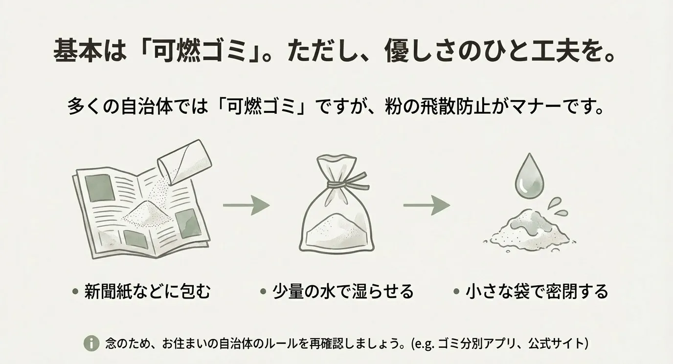 重曹を新聞紙に包んだり少量の水で湿らせたりして、粉塵が舞わないように密閉して捨てる方法を説明するイラスト