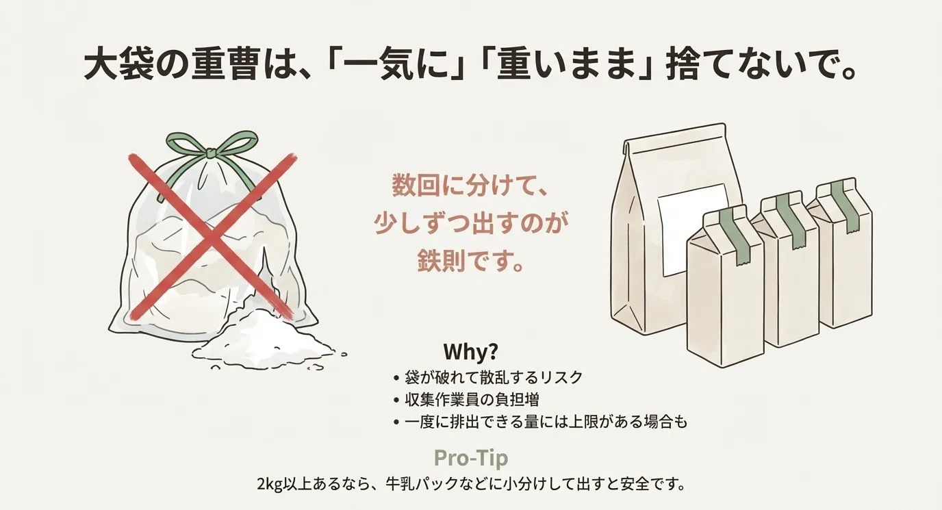 大きな袋のまま一度に捨てず、牛乳パックなどに小分けにして数回に分けて出すことを推奨する比較イラスト