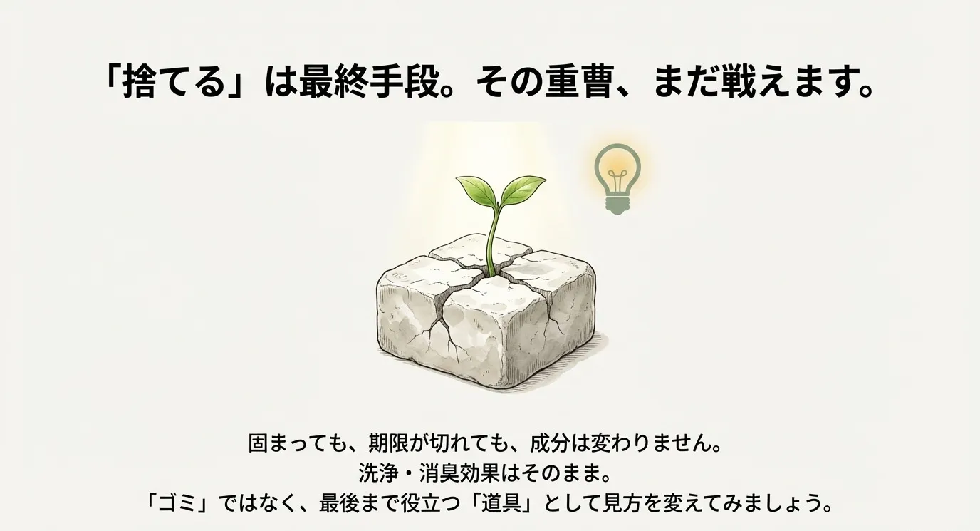 固まった重曹の塊から芽が出ている様子を描き、成分は変わらず洗浄・消臭効果があることを伝えるイメージイラスト