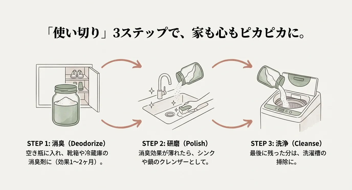 空き瓶での消臭、シンクの研磨、洗濯槽の洗浄という、重曹を最後まで使い切るための3つの工程を描いた図解