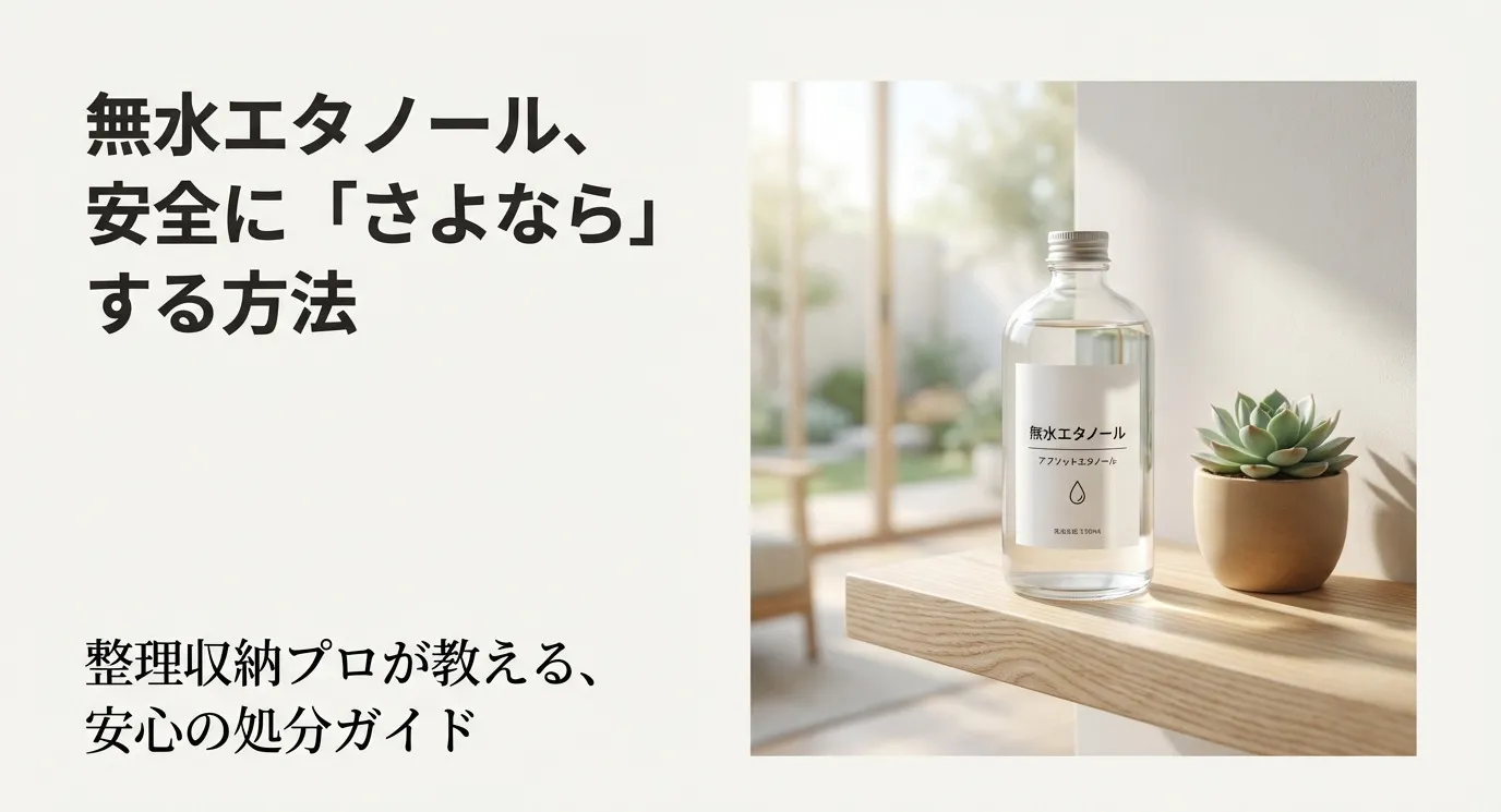 おしゃれな部屋に置かれた無水エタノールのボトルと観葉植物。「整理収納プロが教える、安心の処分ガイド」というタイトル