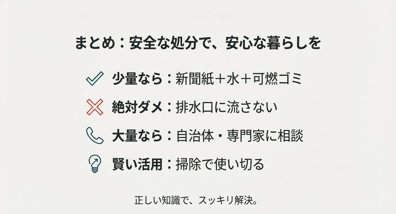 4つのチェックポイント。少量なら新聞紙+水、排水口は絶対ダメ、大量なら専門家へ、掃除で使い切る、という全体のまとめ