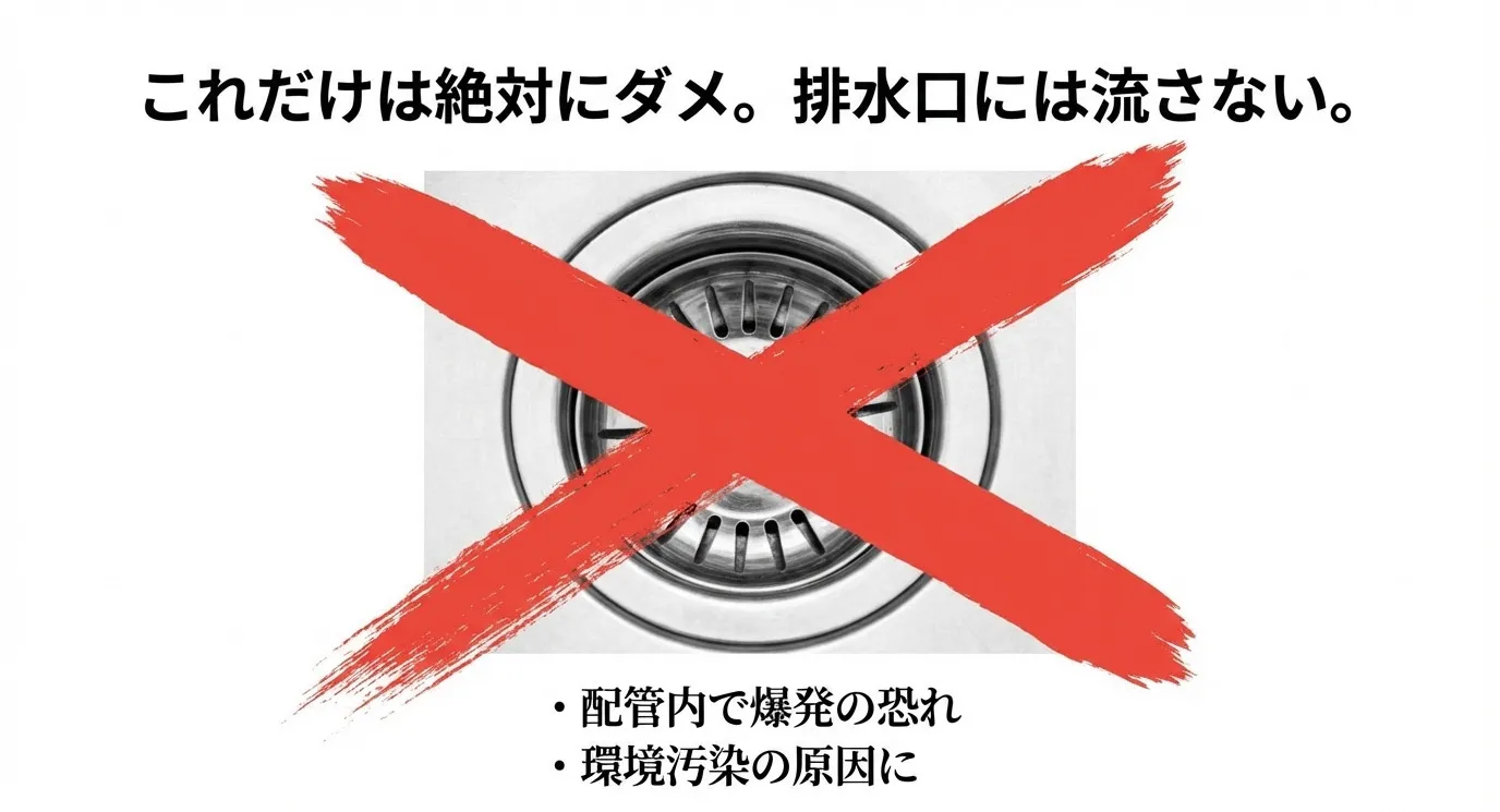 排水口の写真に大きな赤いバツ印。配管内での爆発の恐れや環境汚染の原因になるため、絶対に流してはいけないという警告