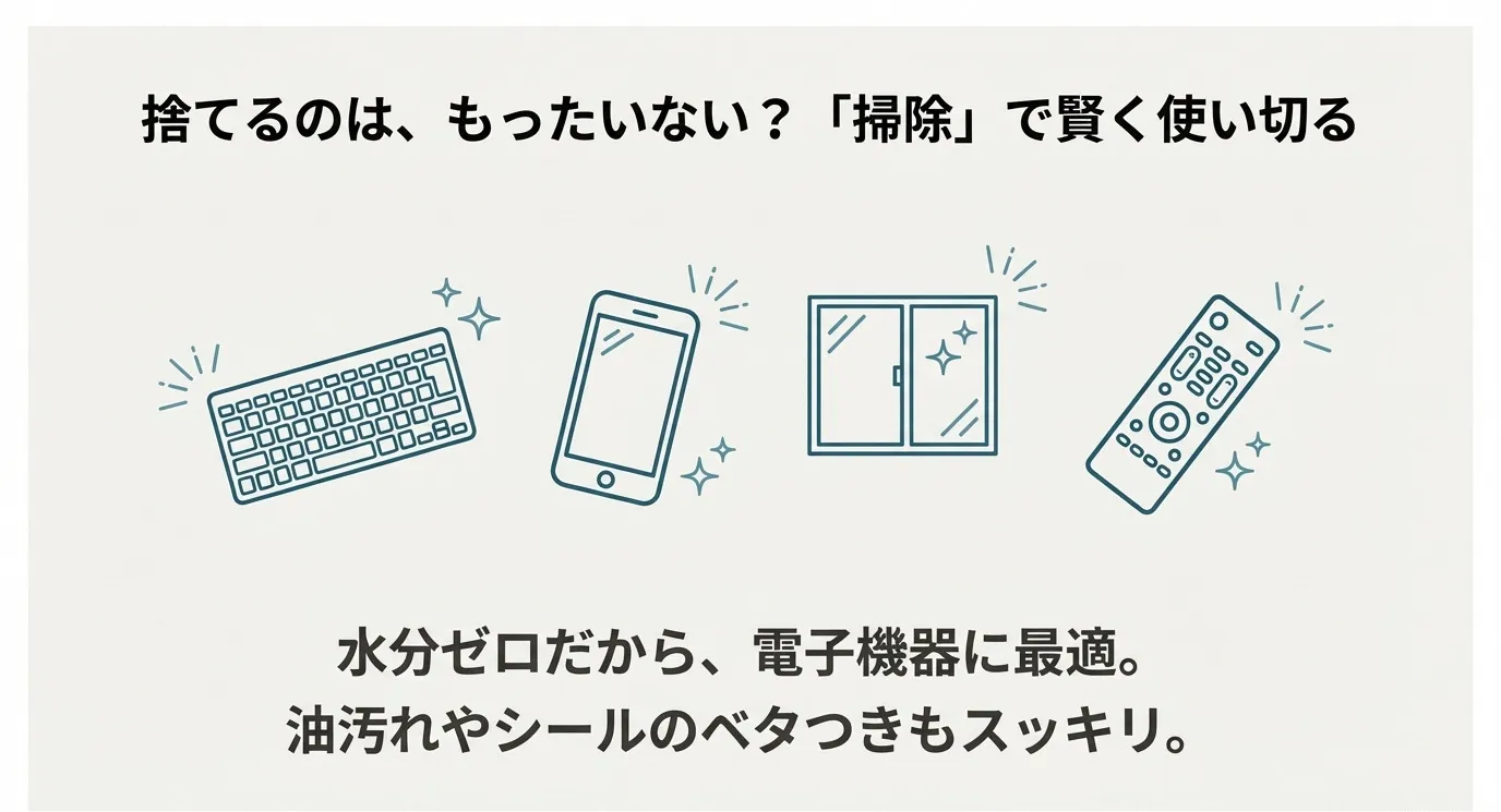 キーボード、スマホ、窓、リモコンのイラスト。水分ゼロなので電子機器に最適で、油汚れもスッキリ落ちるという紹介