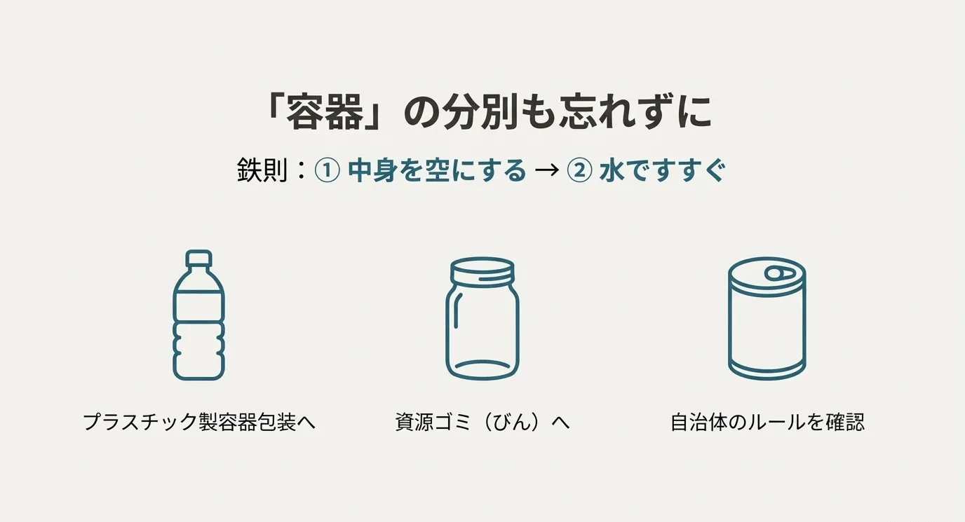 ビンと缶のイラスト。中身を空にして水ですすぐ鉄則と、プラスチック・資源ゴミなど自治体のルールを確認するよう促す内容