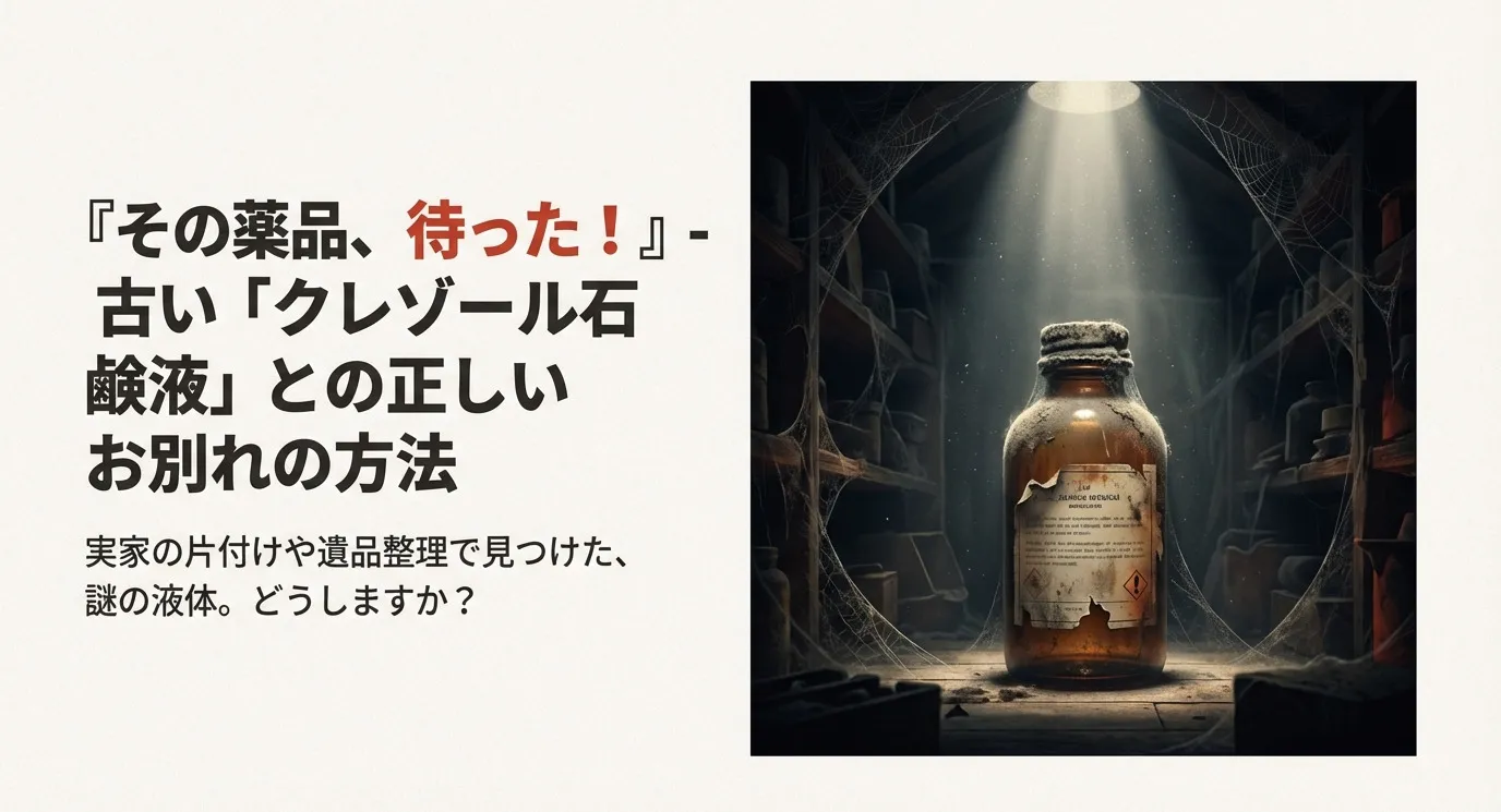 暗い納戸の中に、古いクレゾール石鹸液のボトルが置かれ、上からスポットライトが当たっているメインビジュアル。「その薬品、待った!古い『クレゾール石鹸液』との正しいお別れの方法」