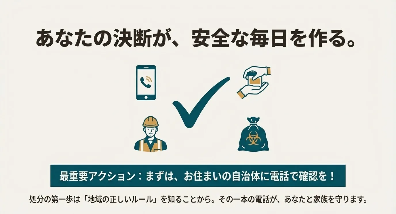 手袋をしてボトルを扱う様子、作業員、廃棄物袋のアイコン。地域のルールを確認することが、自分と家族を守る第一歩であることを強調するまとめのスライド