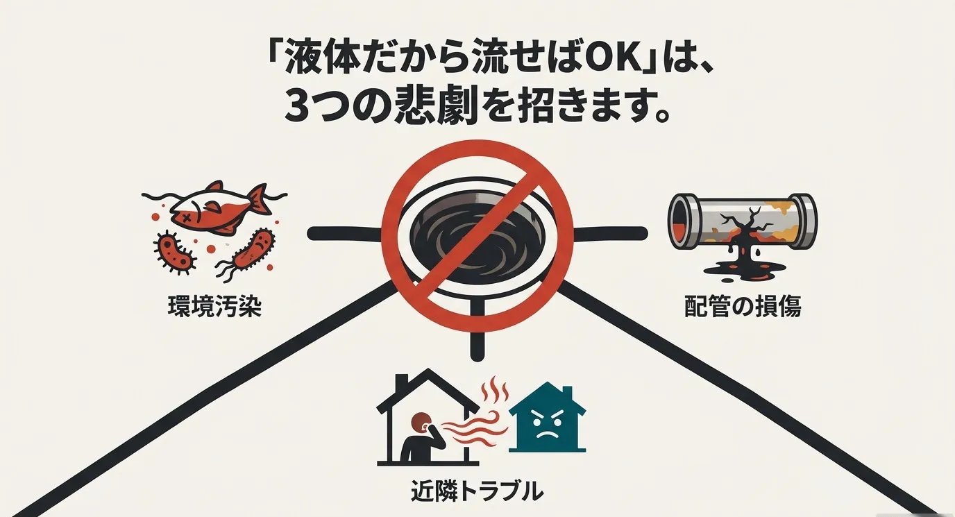 液体だからと流してしまった場合に起こる「環境汚染」「配管の損傷」「近隣トラブル」の3つのリスクを説明したスライド