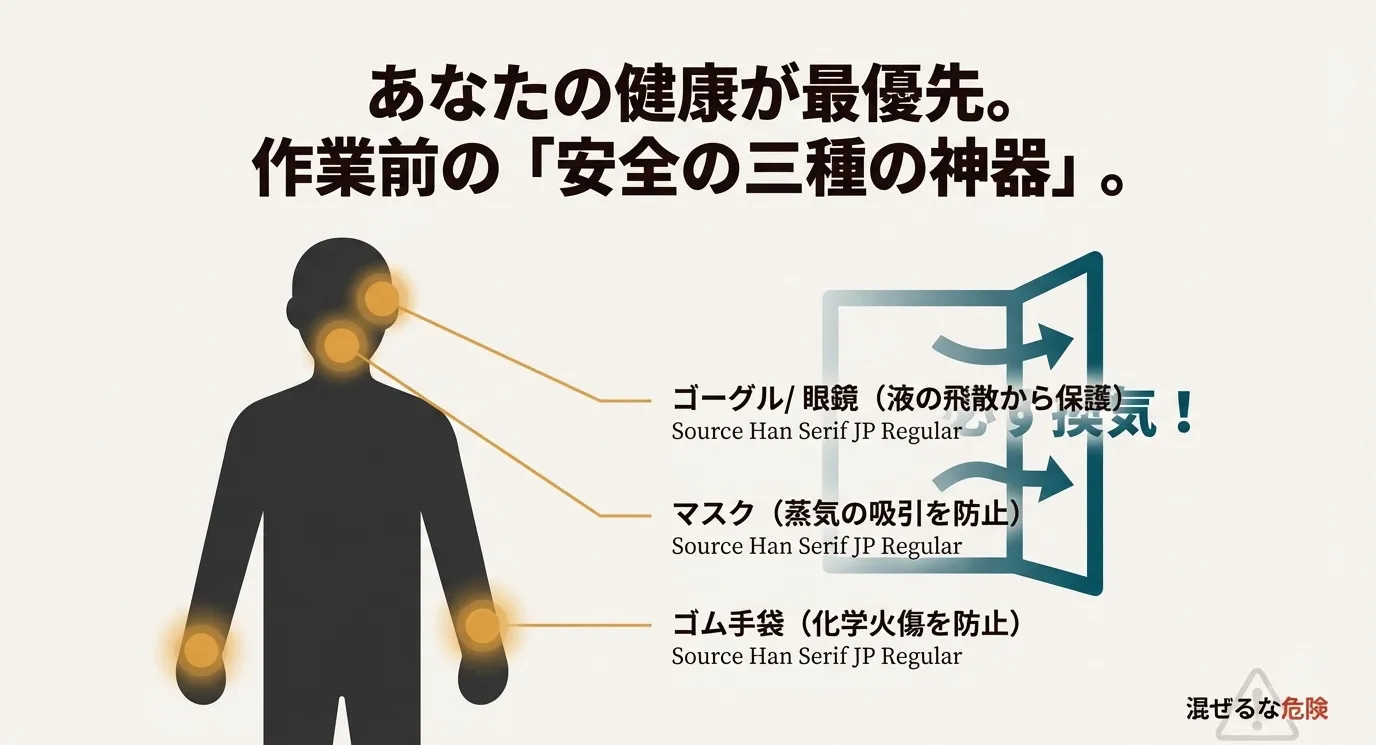 ゴーグル・眼鏡、マスク、ゴム手袋のイラスト。それぞれ飛散保護、蒸気吸引防止、化学火傷防止の役割が記載されている