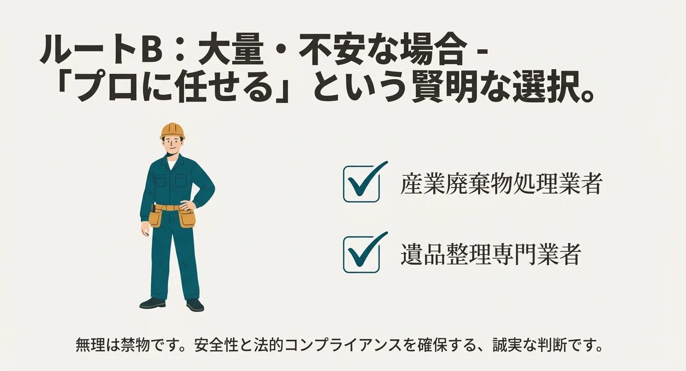 作業服を着た専門業者のイラスト。産業廃棄物処理業者や遺品整理専門業者などのプロに任せる選択肢を提示している