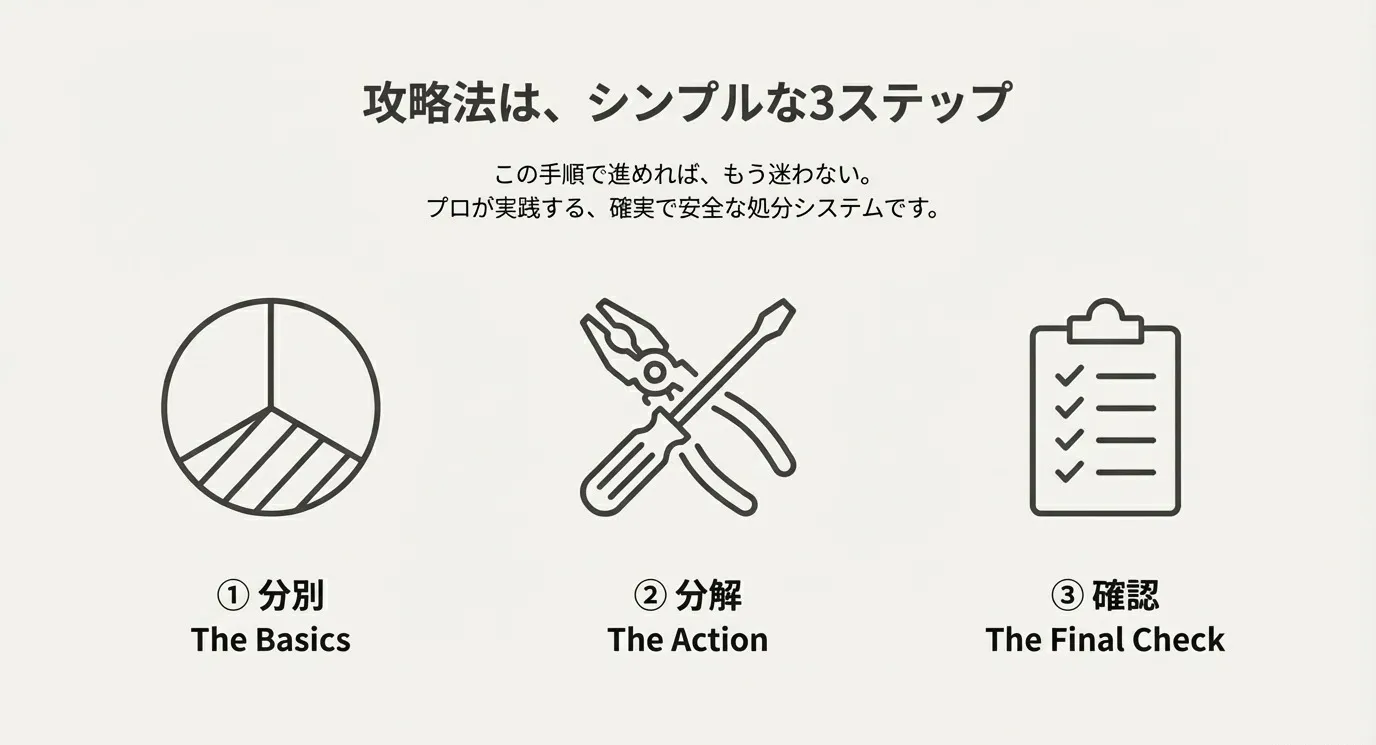 ①分別、②分解、③確認という、プロが実践するシンプルで確実な処分システムの3ステップを紹介するスライド
