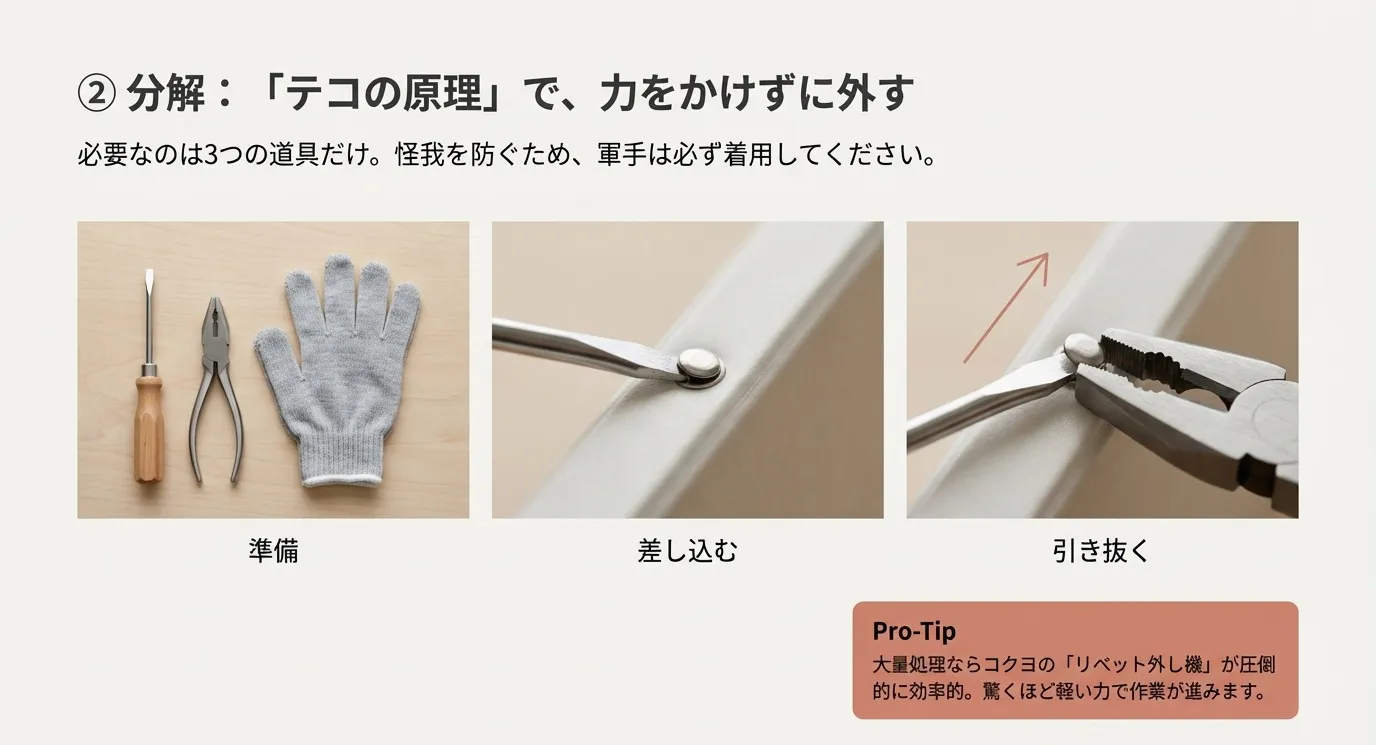 マイナスドライバー、ペンチ、軍手を使用し、リベットに差し込んで引き抜く分解手順と、効率的な専用道具を紹介するスライド