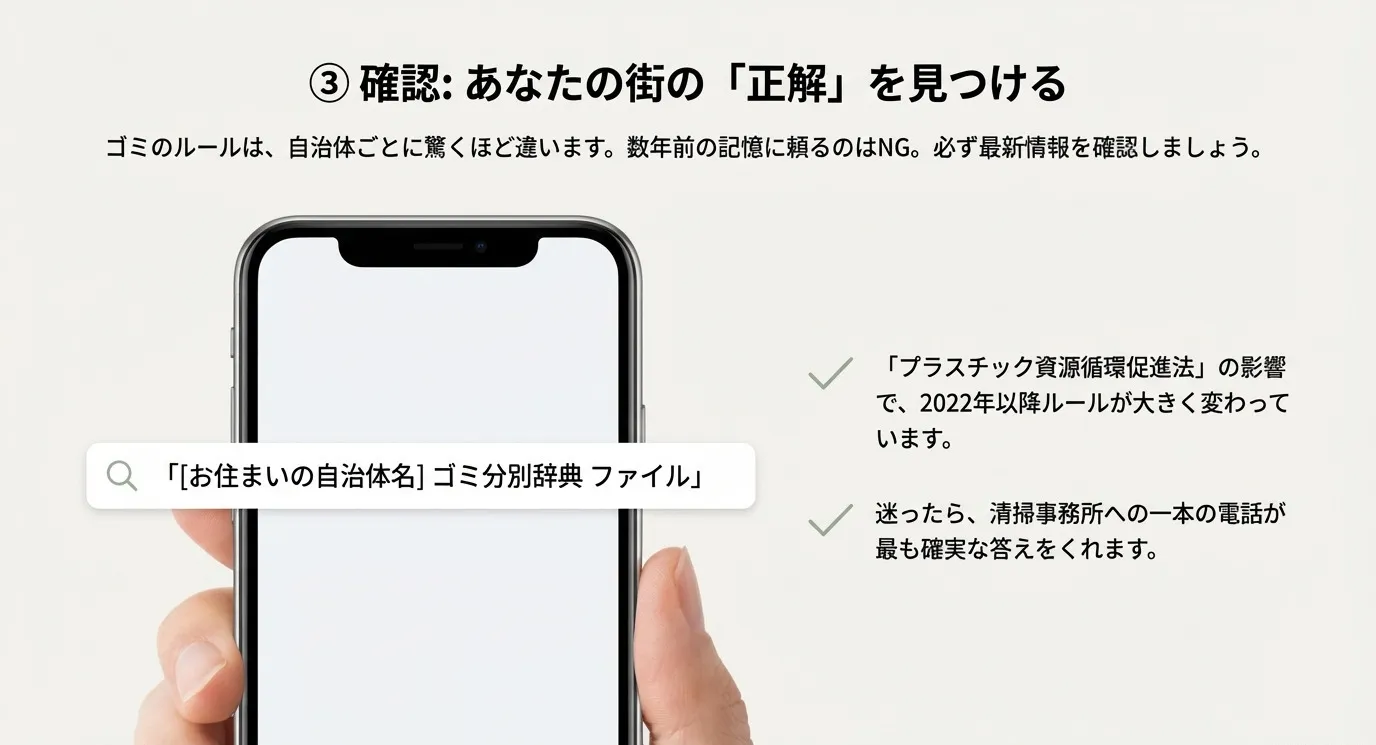自治体ごとの最新情報を確認する重要性と、プラスチック資源循環促進法によるルールの変化を説明するスライド