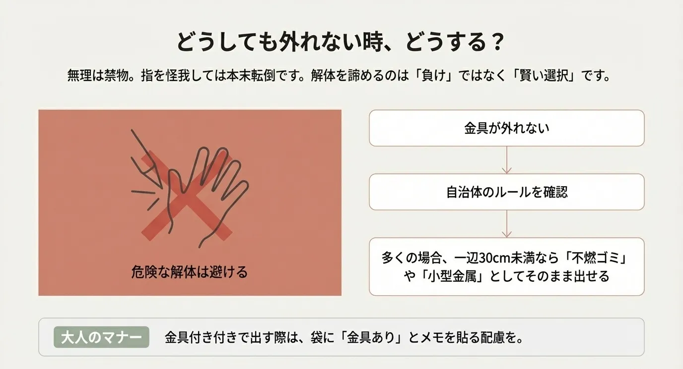 無理な解体による怪我を避け、不燃ゴミとしての出し方や収集作業員への配慮(メモの貼付)を説明するスライド