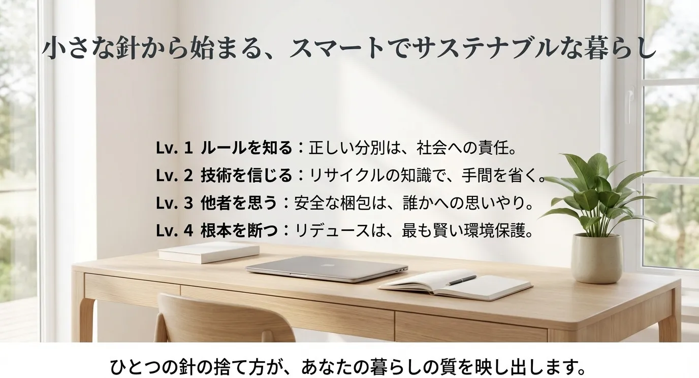 ルールを知る、技術を信じる、他者を思う、根本を断つという、ステップアップ形式のまとめスライド