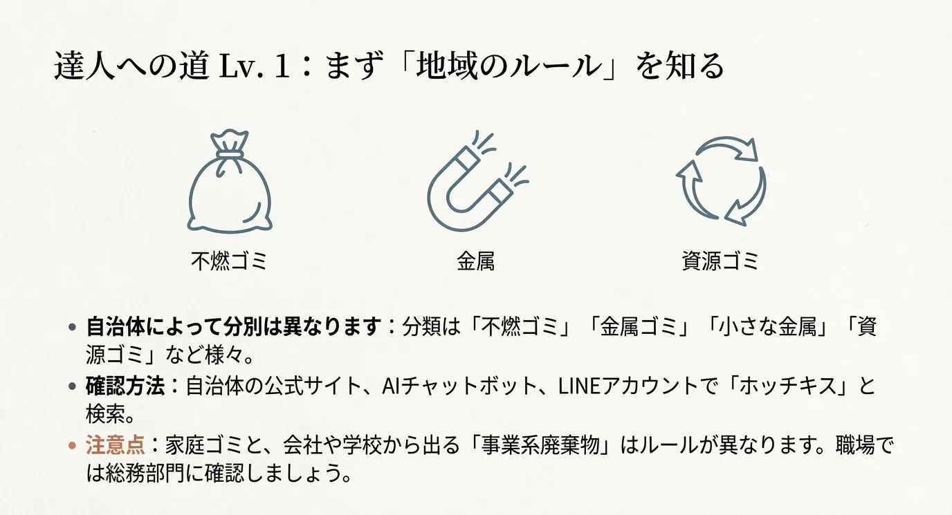 不燃ゴミ、金属、資源ゴミなど自治体による分別の違いと、公式サイトやAIチャットボットでの確認方法、事業系廃棄物の注意点をまとめたスライド