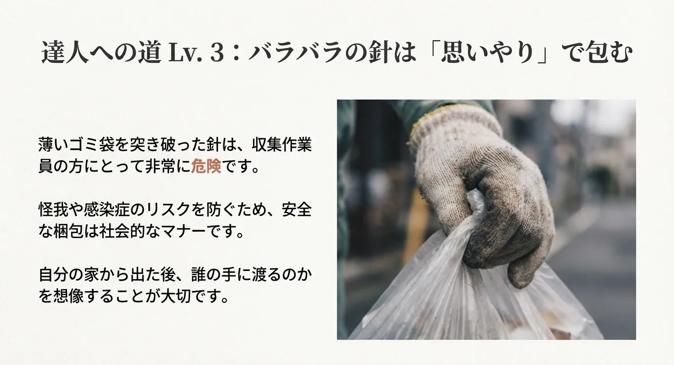 ゴミ袋を突き破った針が収集作業員に怪我をさせるリスクを説明し、他者を想像する大切さを説くイメージスライド