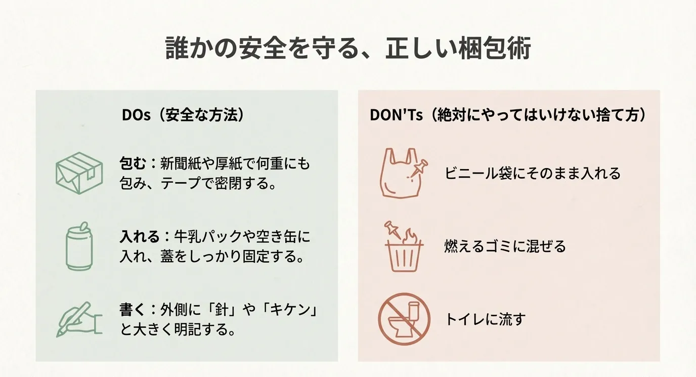 新聞紙や厚紙での密閉、牛乳パックや空き缶の利用、外側への「キケン」表示などの正しい捨て方と、ビニール袋への直入れやトイレ流しなどの禁止事項をまとめたスライド。