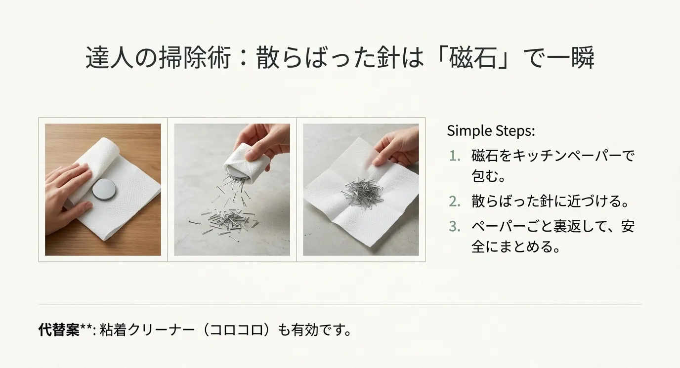 磁石をキッチンペーパーで包んで針を集め、ペーパーごと裏返して安全にまとめる手順を写真付きで解説したスライド