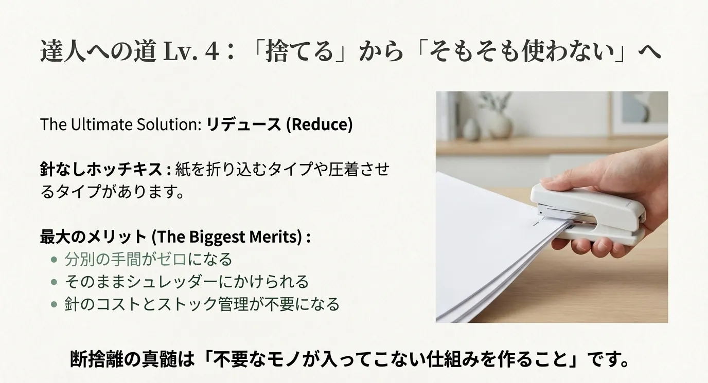 針なしホッチキスの種類と、分別不要、シュレッダー対応可能、コスト削減といったメリットをまとめたスライド