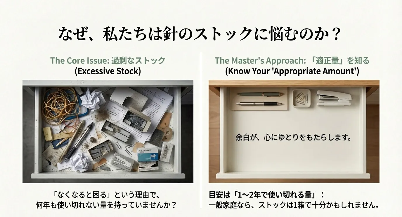 散らかった引き出しと整頓された引き出しを比較し、1〜2年で使い切れる適正量を持ち、収納に余白を作る重要性を説くスライド