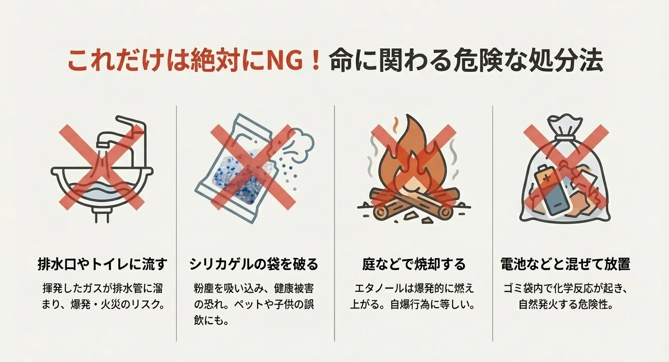 4つのNG行動。排水口に流す、袋を破る、焼却する、電池などと混ぜて放置する。それぞれの危険性についての解説イラスト