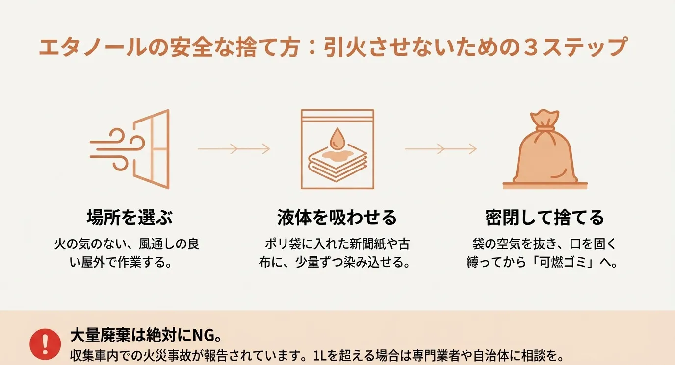 引火させないための3ステップ。1.風通しの良い屋外を選ぶ、2.新聞紙や布に液体を吸わせる、3.密閉して捨てる。大量廃棄はNGである旨の注意。