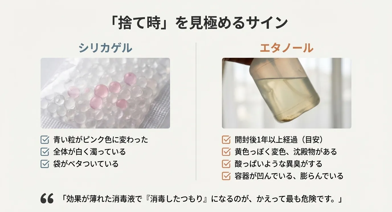 シリカゲル（粒がピンク、ベタつき等）とエタノール（変色、異臭、ボトルの変形等）の劣化サイン一覧
