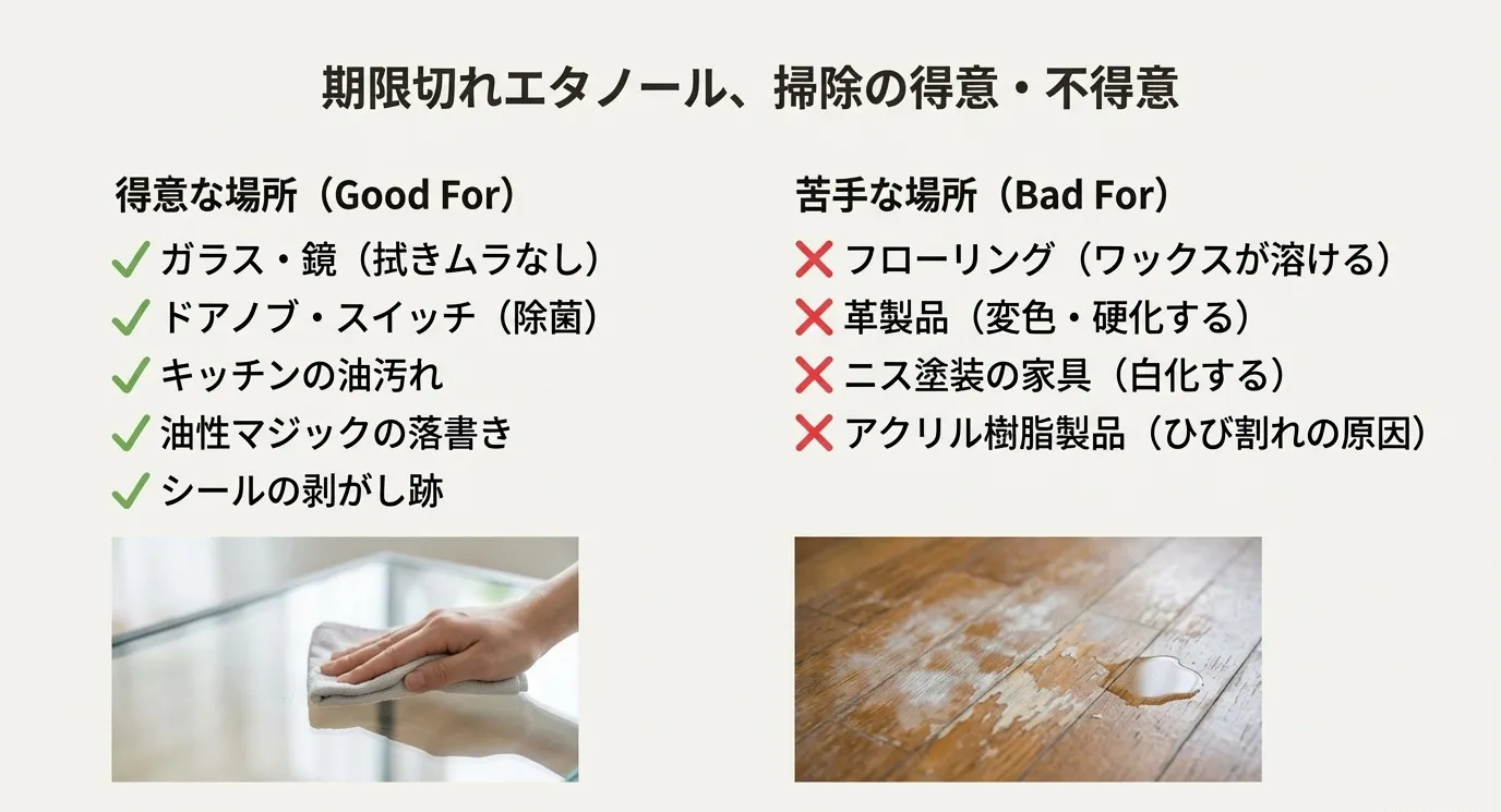 エタノールが使える場所（ガラス、油汚れ等）と使えない場所（フローリング、革製品、アクリル樹脂等）の比較表