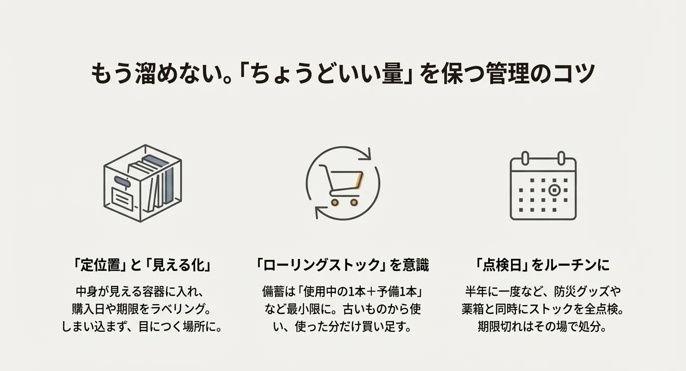 管理の3つのポイント。1.定位置と見える化、2.ローリングストックの意識、3.点検日のルーチン化