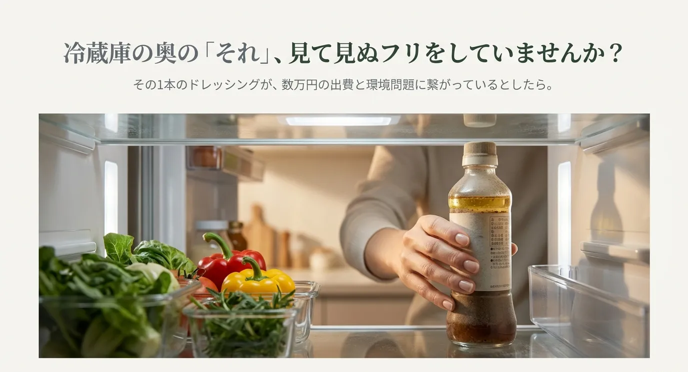 冷蔵庫の奥にあるドレッシングのボトルに手を伸ばす様子と、「冷蔵庫の奥の『それ』、見て見ぬフリをしていませんか？」というメッセージ
