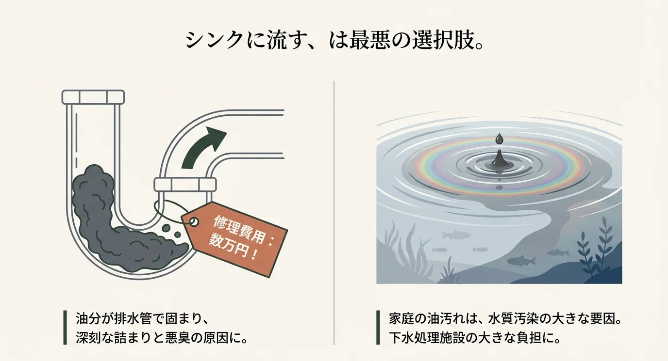 油分で詰まった排水管と「修理費用：数万円！」というタグのイラスト、および水質汚染のイメージ。シンクに流すのが最悪の選択肢であることを示している