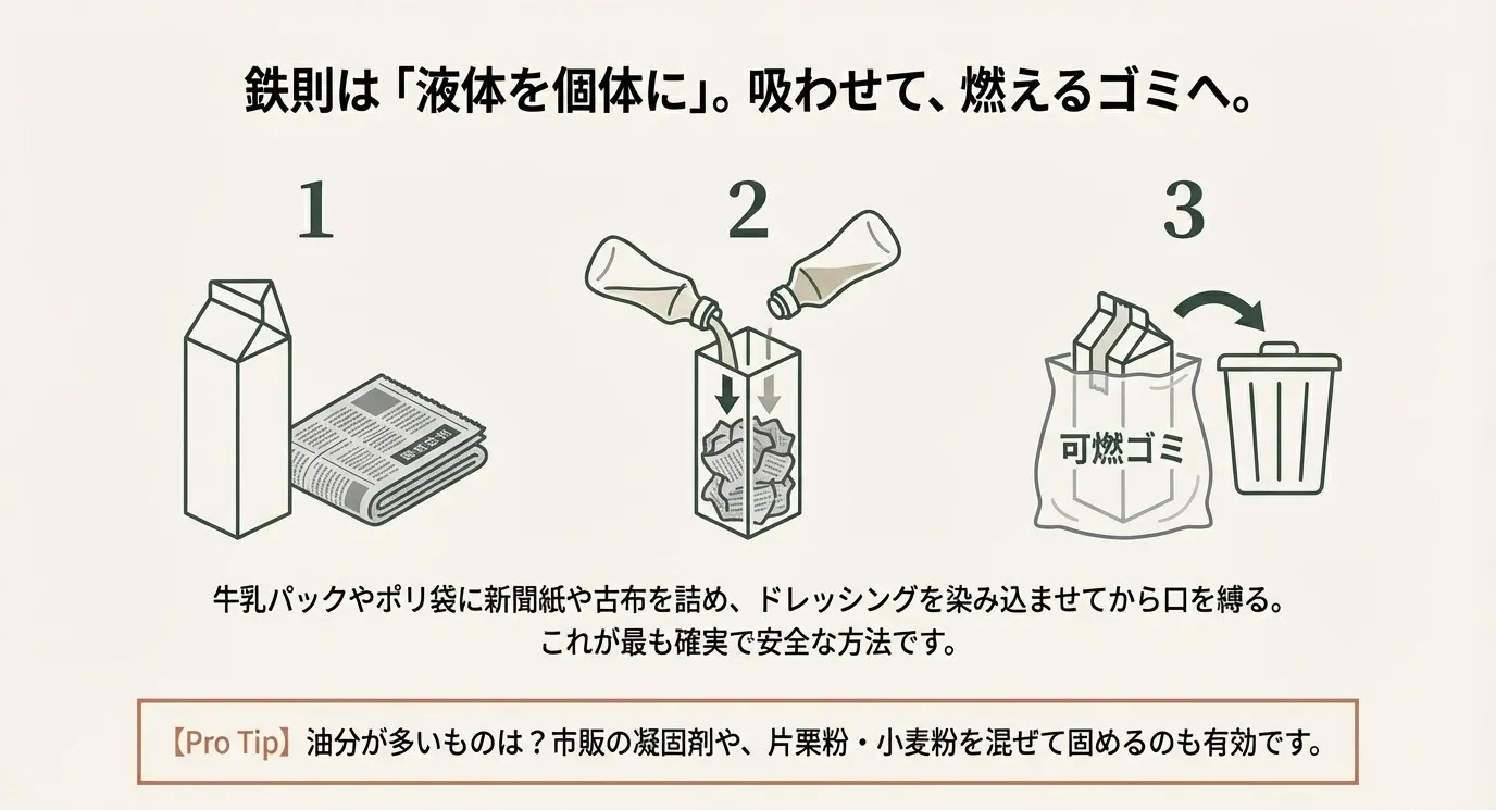 1.牛乳パックと新聞紙を用意、2.新聞紙にドレッシングを染み込ませる、3.口を縛って可燃ゴミへ、という液体を固体にする手順のイラスト