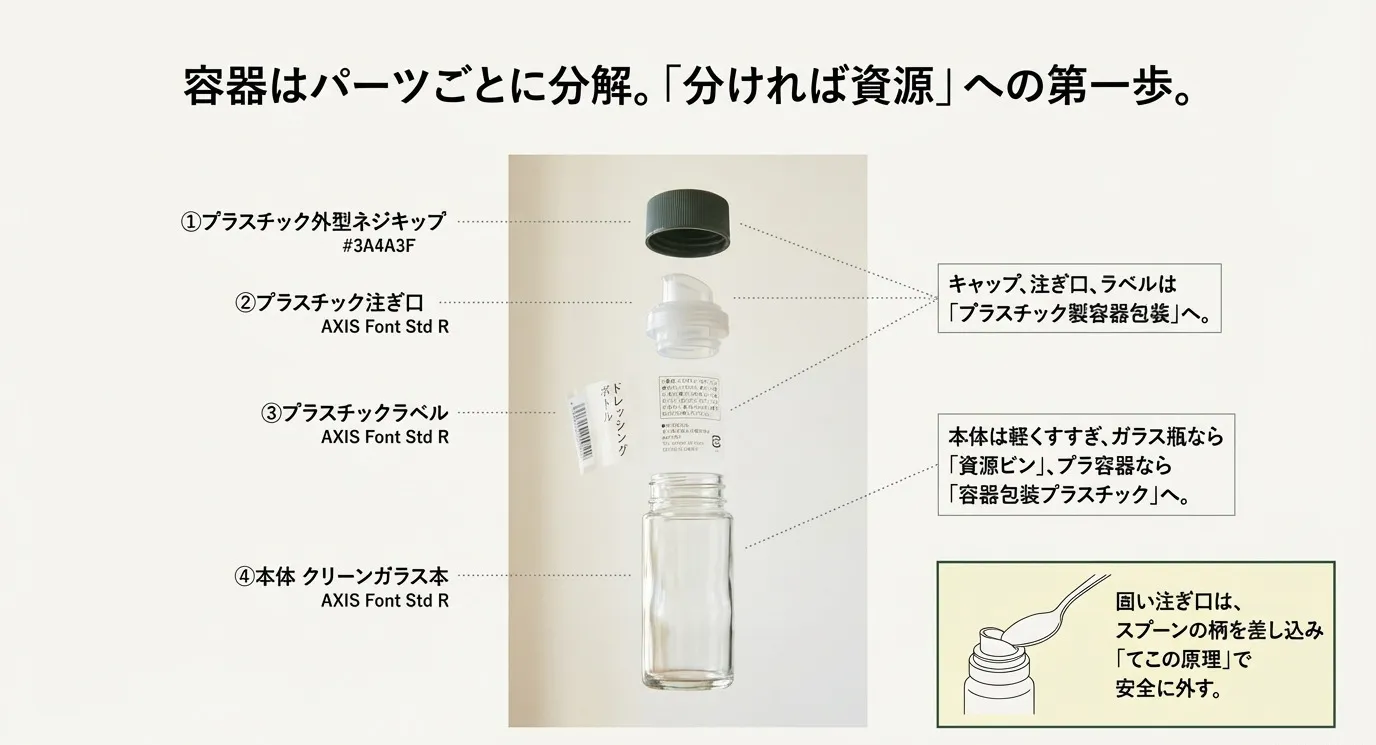 キャップ、注ぎ口、ラベル、本体（ガラス瓶）の分解図。スプーンの柄を使って注ぎ口を外す「てこの原理」の解説図も含まれる。