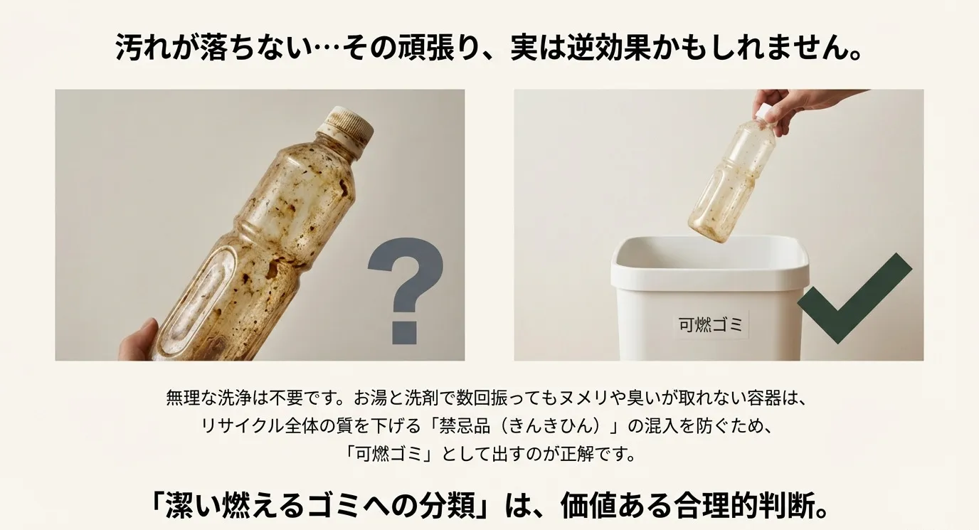 汚れがこびりついたプラスチックボトルの写真。無理な洗浄は不要で、リサイクルの質を下げる「禁忌品」を避けるために可燃ゴミとして出すべきという解説