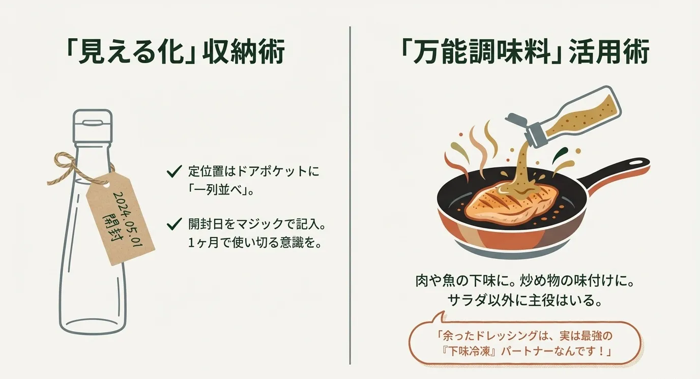 フライパンでの調理にドレッシングを活用するイラスト。ドアポケットでの一列収納や開封日の記入、肉・魚の下味への活用などのPro Tip