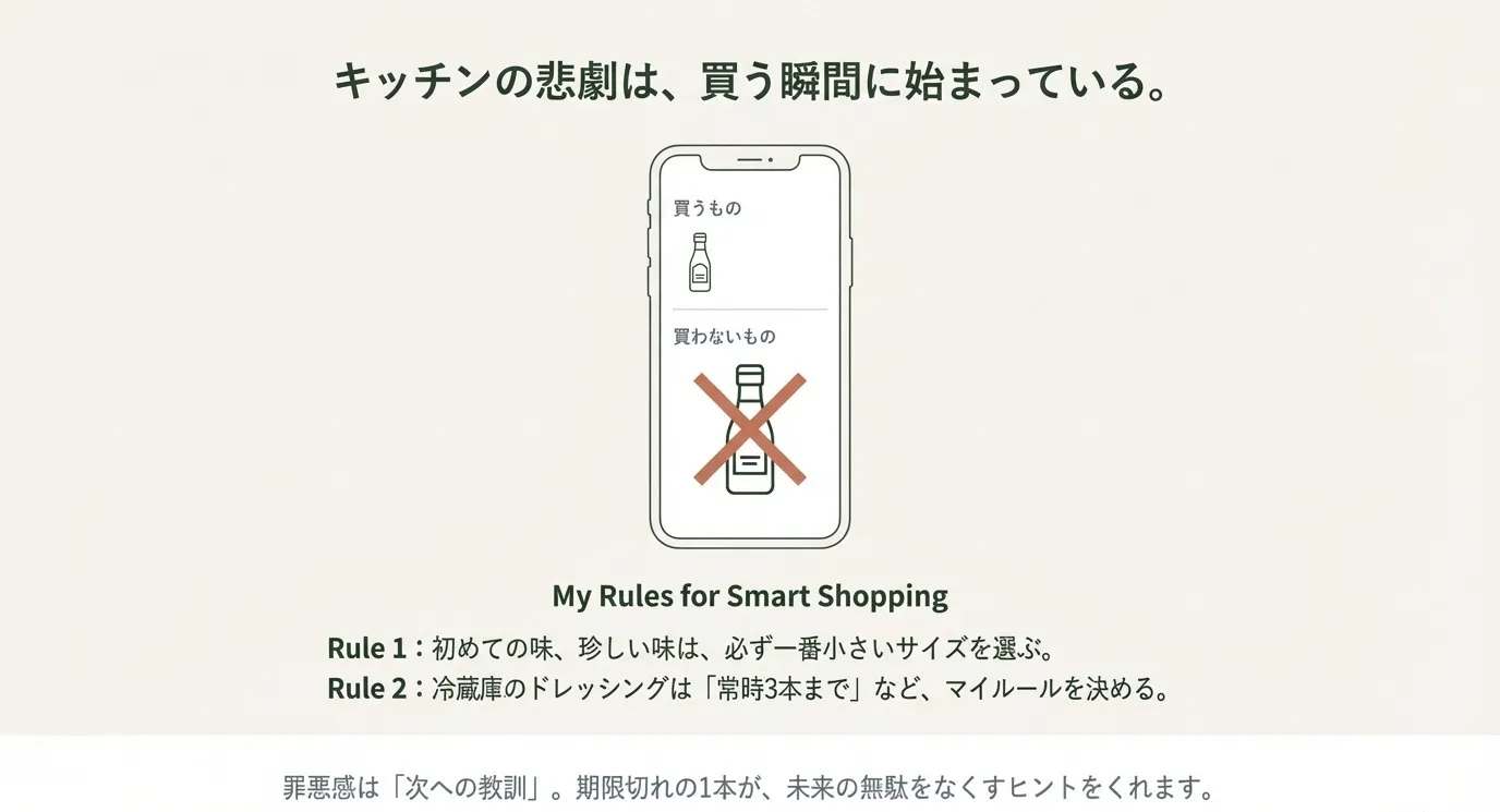 スマートフォンの「買うもの・買わないもの」リストのイメージ。初めての味は最小サイズを選ぶ、常時3本までにするなどのルール解説
