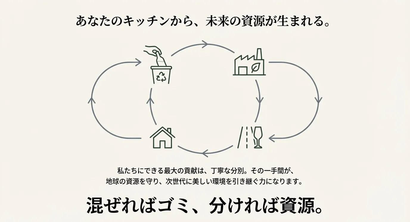 家庭、分別、工場、再生製品を繋ぐリサイクルの循環図。丁寧な分別が地球の資源を守る力になるというメッセージ